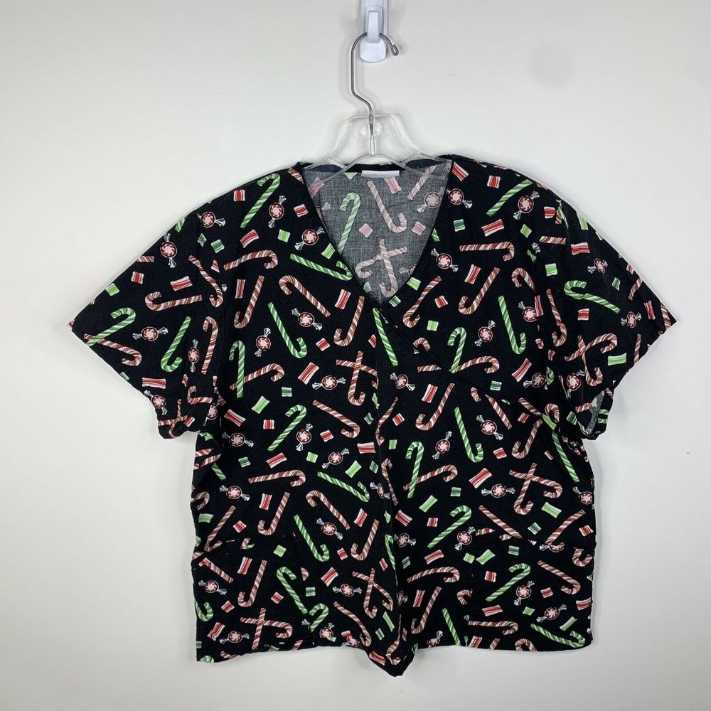 V Life Womens XL Black Christmas Theme Candy Cane Short Sleeve Scrub Top